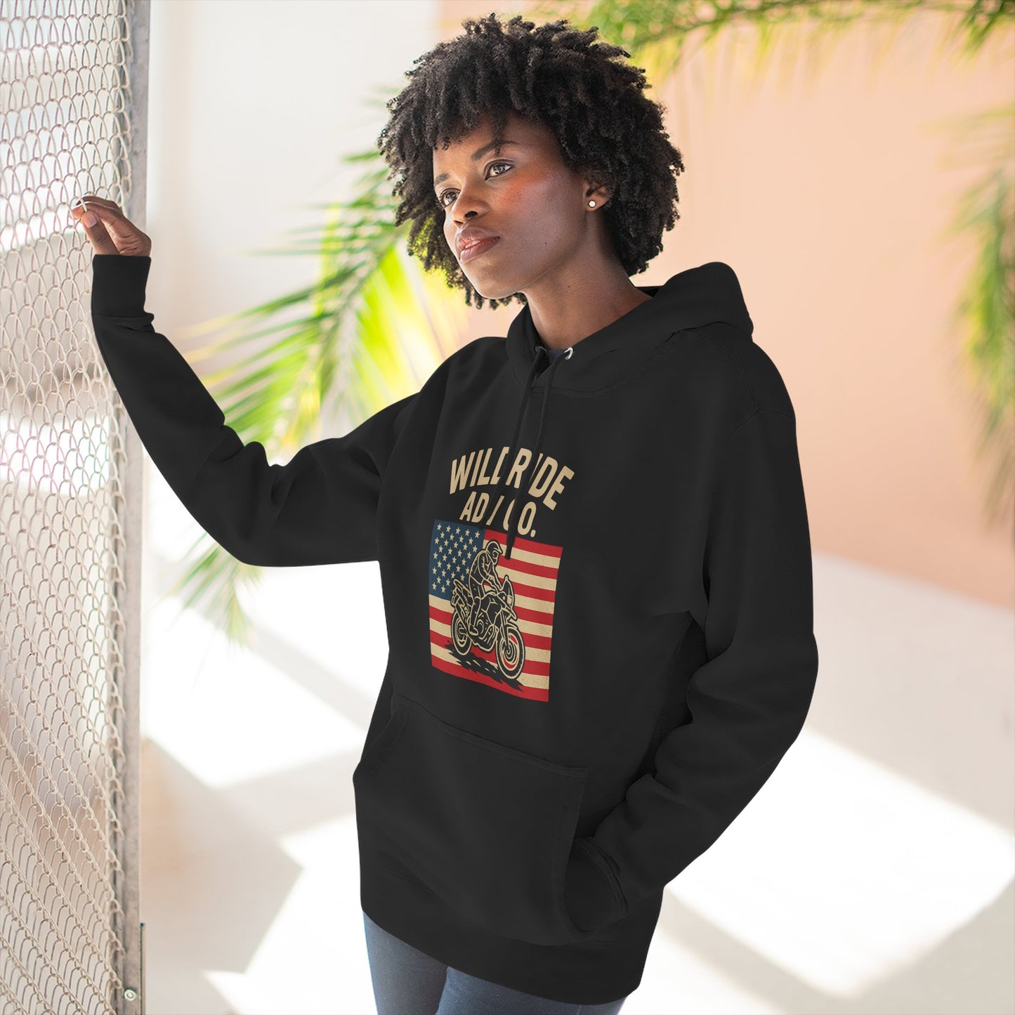 Adventure-Ready Fleece Hoodie | Wild Ride Motorcycle Flag Graphic, Cozy Sweatshirt, Perfect for Bikers, Gift for Riders, Casual Wear