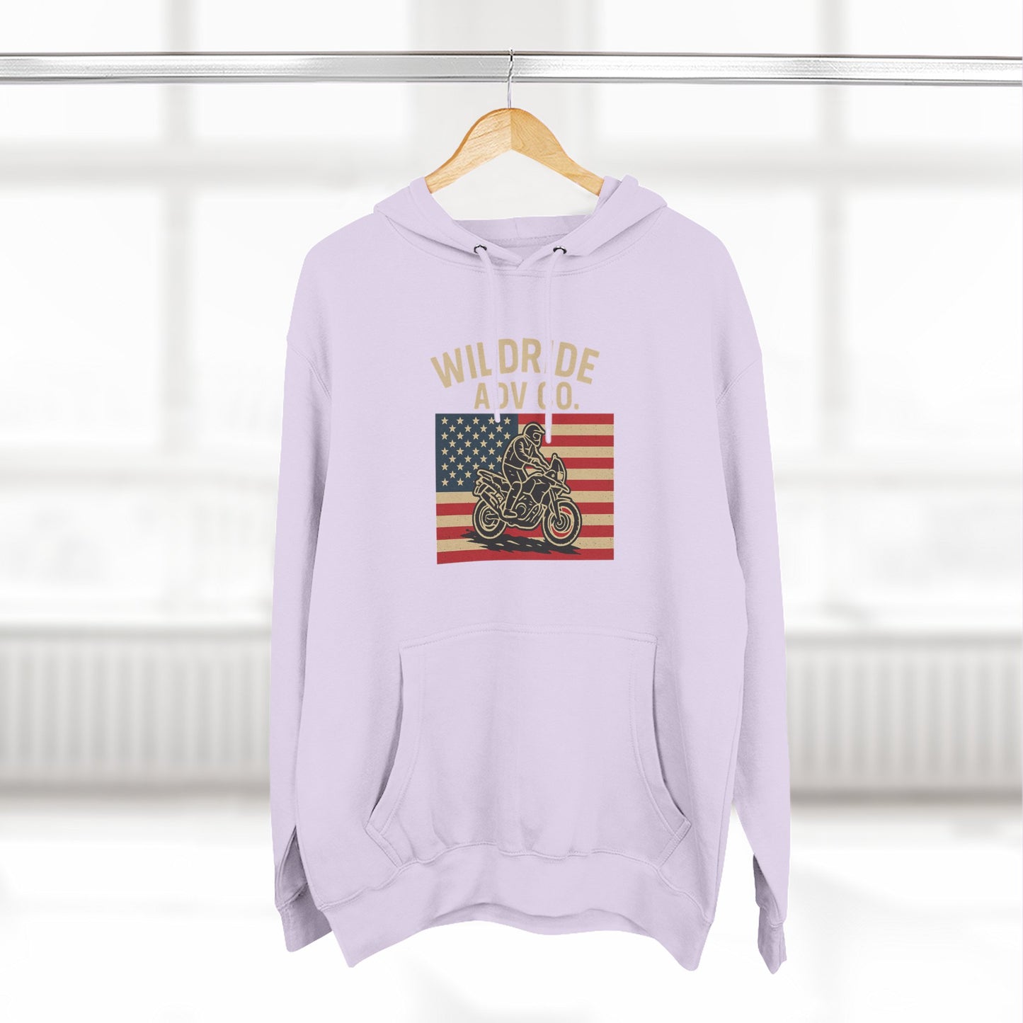 Adventure-Ready Fleece Hoodie | Wild Ride Motorcycle Flag Graphic, Cozy Sweatshirt, Perfect for Bikers, Gift for Riders, Casual Wear