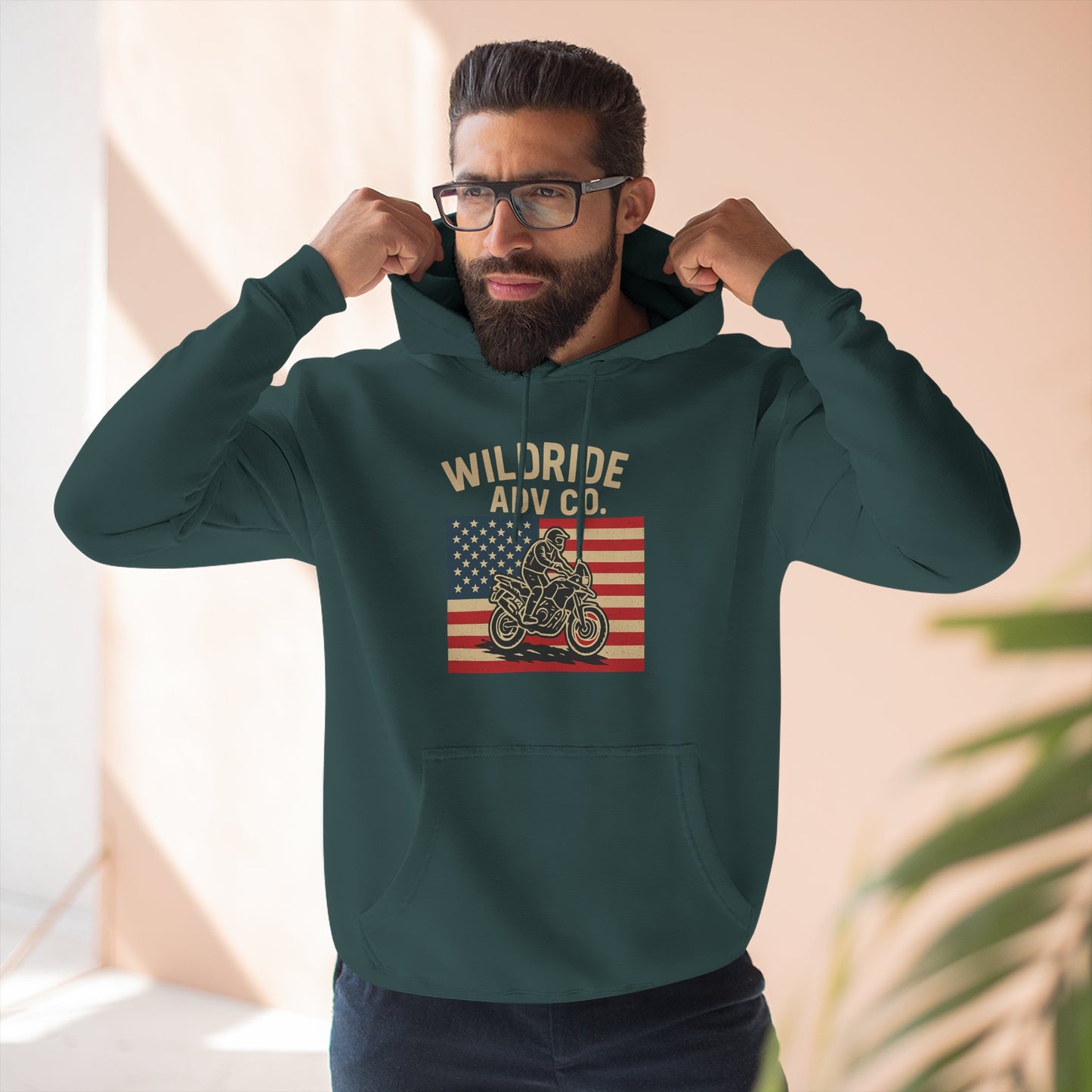 Adventure-Ready Fleece Hoodie | Wild Ride Motorcycle Flag Graphic, Cozy Sweatshirt, Perfect for Bikers, Gift for Riders, Casual Wear