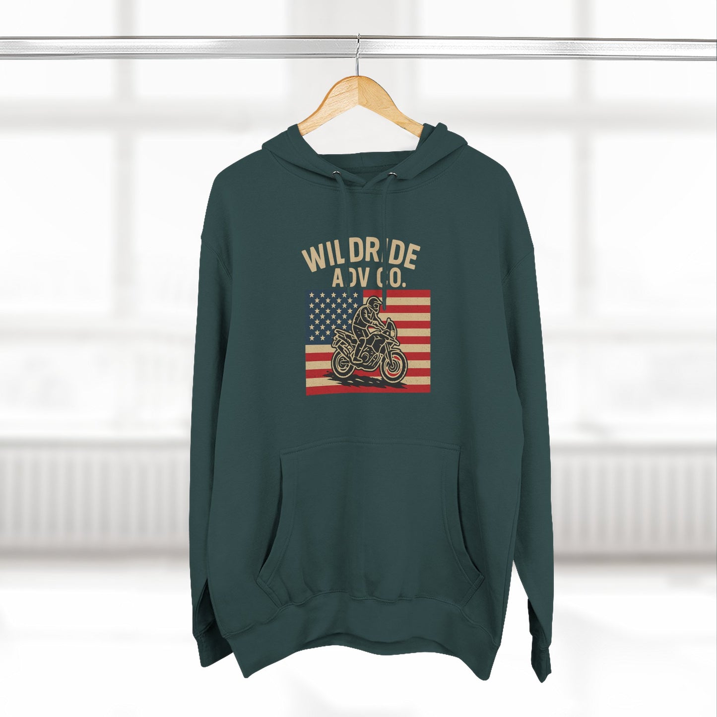 Adventure-Ready Fleece Hoodie | Wild Ride Motorcycle Flag Graphic, Cozy Sweatshirt, Perfect for Bikers, Gift for Riders, Casual Wear