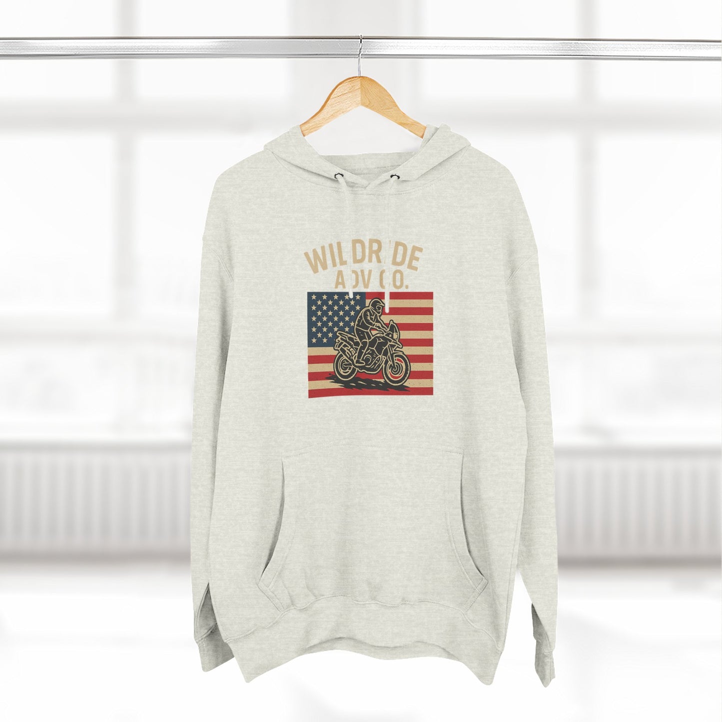 Adventure-Ready Fleece Hoodie | Wild Ride Motorcycle Flag Graphic, Cozy Sweatshirt, Perfect for Bikers, Gift for Riders, Casual Wear