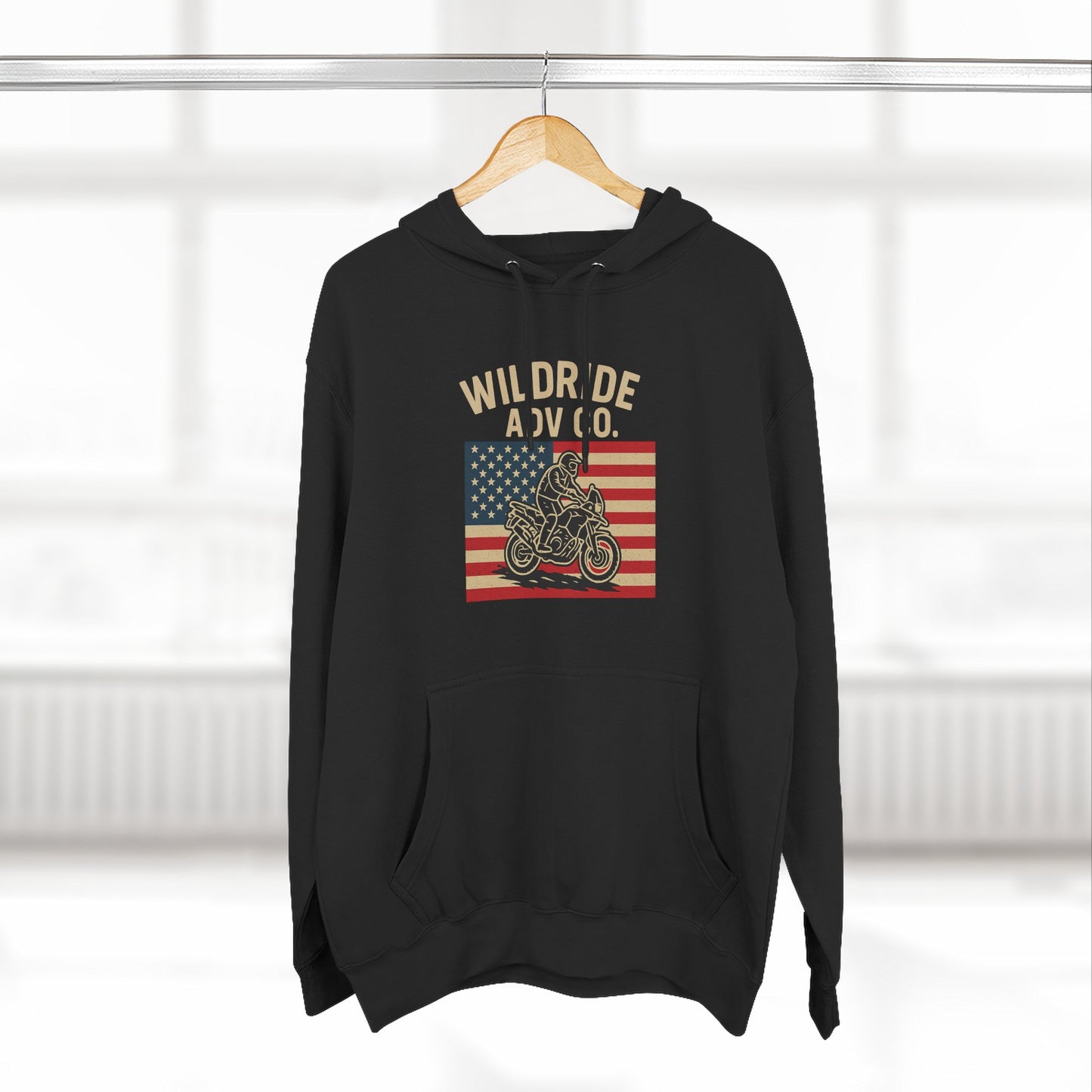 Adventure-Ready Fleece Hoodie | Wild Ride Motorcycle Flag Graphic, Cozy Sweatshirt, Perfect for Bikers, Gift for Riders, Casual Wear