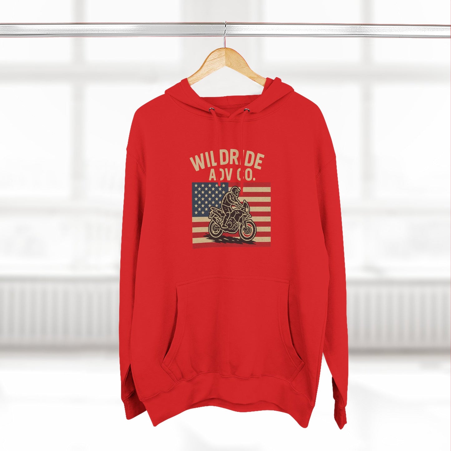 Adventure-Ready Fleece Hoodie | Wild Ride Motorcycle Flag Graphic, Cozy Sweatshirt, Perfect for Bikers, Gift for Riders, Casual Wear