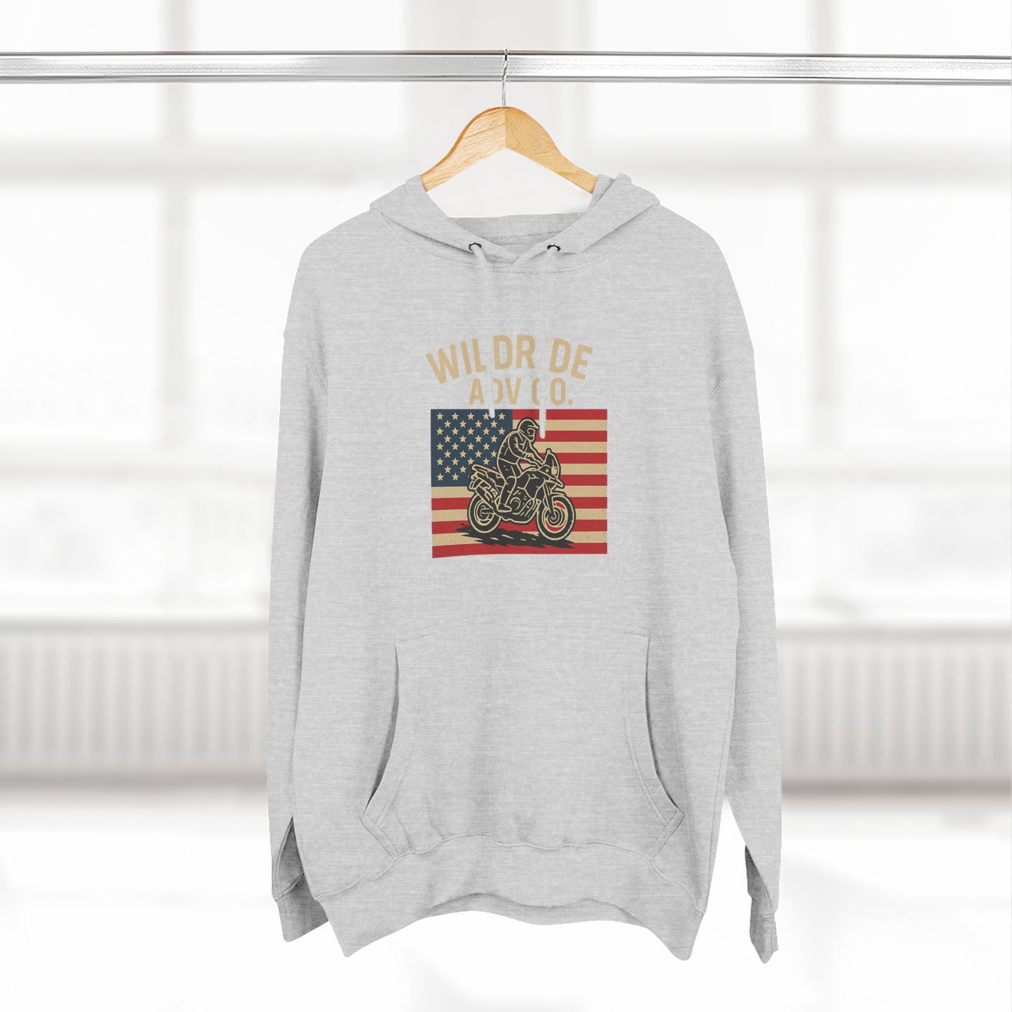 Adventure-Ready Fleece Hoodie | Wild Ride Motorcycle Flag Graphic, Cozy Sweatshirt, Perfect for Bikers, Gift for Riders, Casual Wear