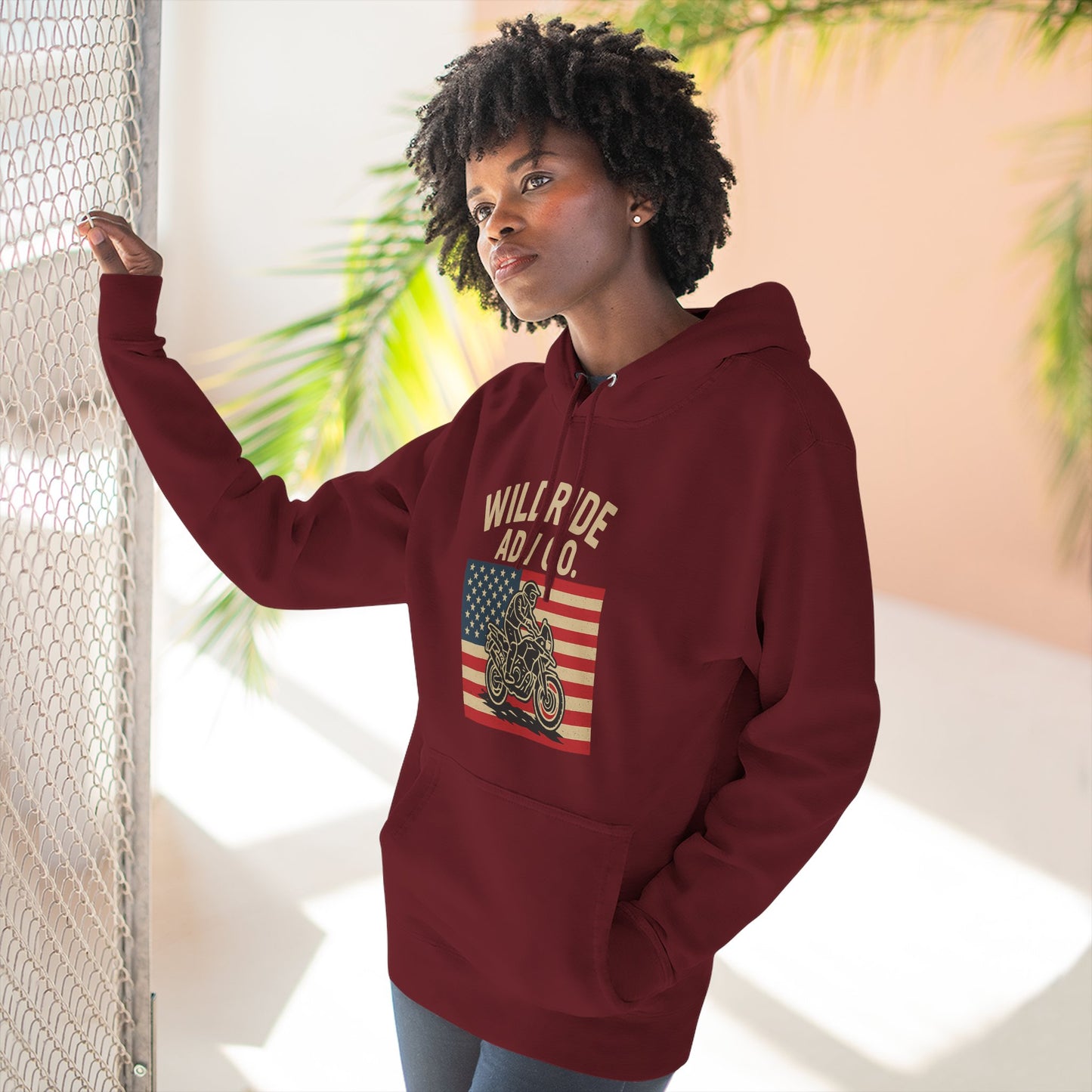 Adventure-Ready Fleece Hoodie | Wild Ride Motorcycle Flag Graphic, Cozy Sweatshirt, Perfect for Bikers, Gift for Riders, Casual Wear