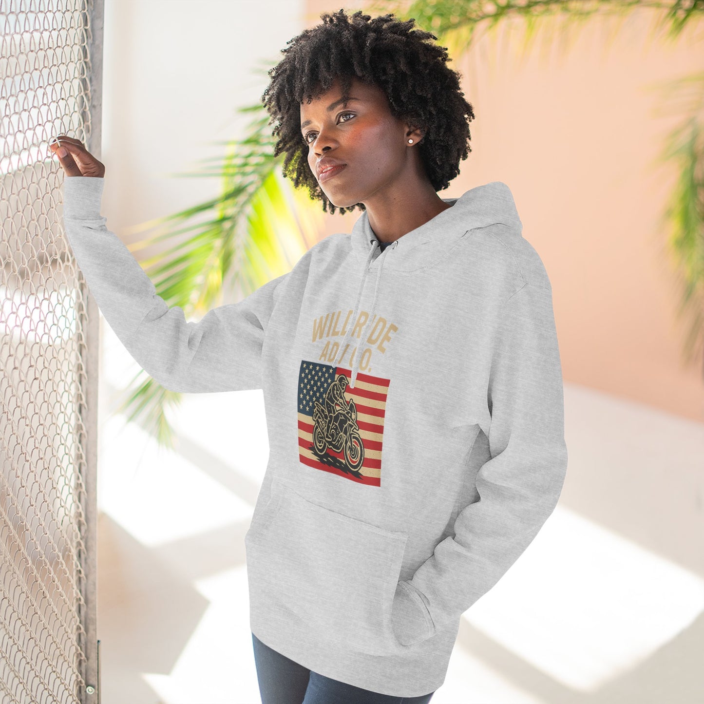 Adventure-Ready Fleece Hoodie | Wild Ride Motorcycle Flag Graphic, Cozy Sweatshirt, Perfect for Bikers, Gift for Riders, Casual Wear