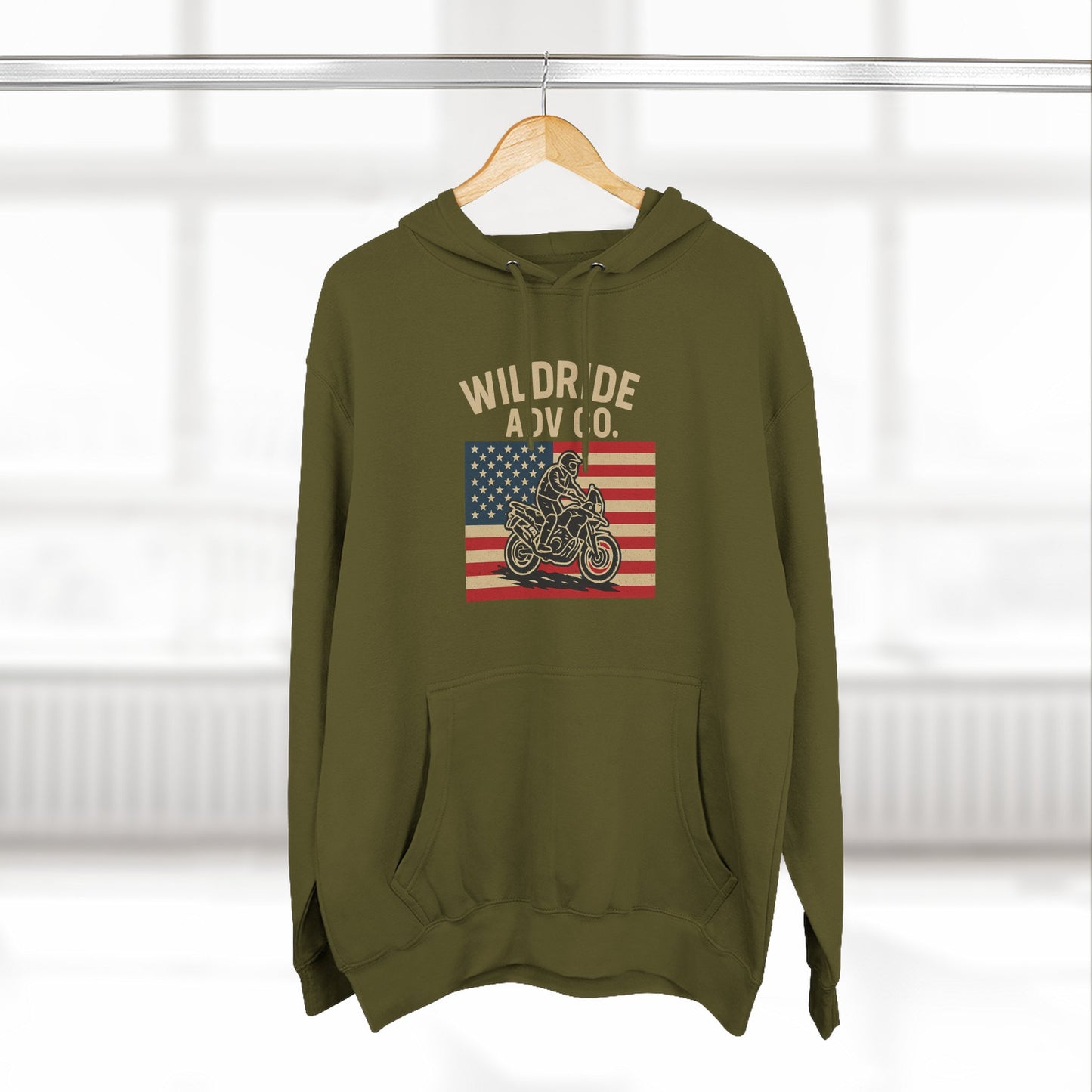 Adventure-Ready Fleece Hoodie | Wild Ride Motorcycle Flag Graphic, Cozy Sweatshirt, Perfect for Bikers, Gift for Riders, Casual Wear