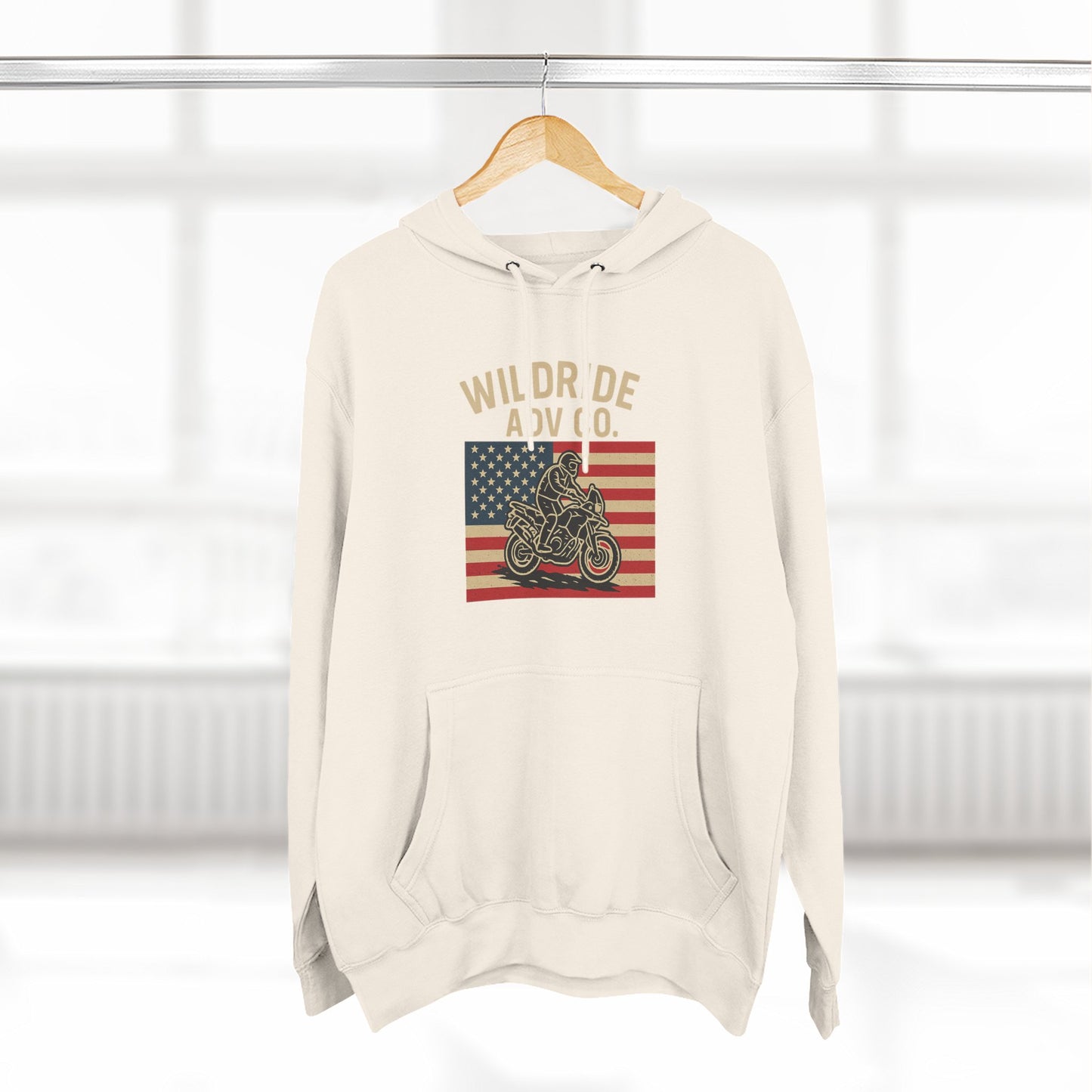 Adventure-Ready Fleece Hoodie | Wild Ride Motorcycle Flag Graphic, Cozy Sweatshirt, Perfect for Bikers, Gift for Riders, Casual Wear