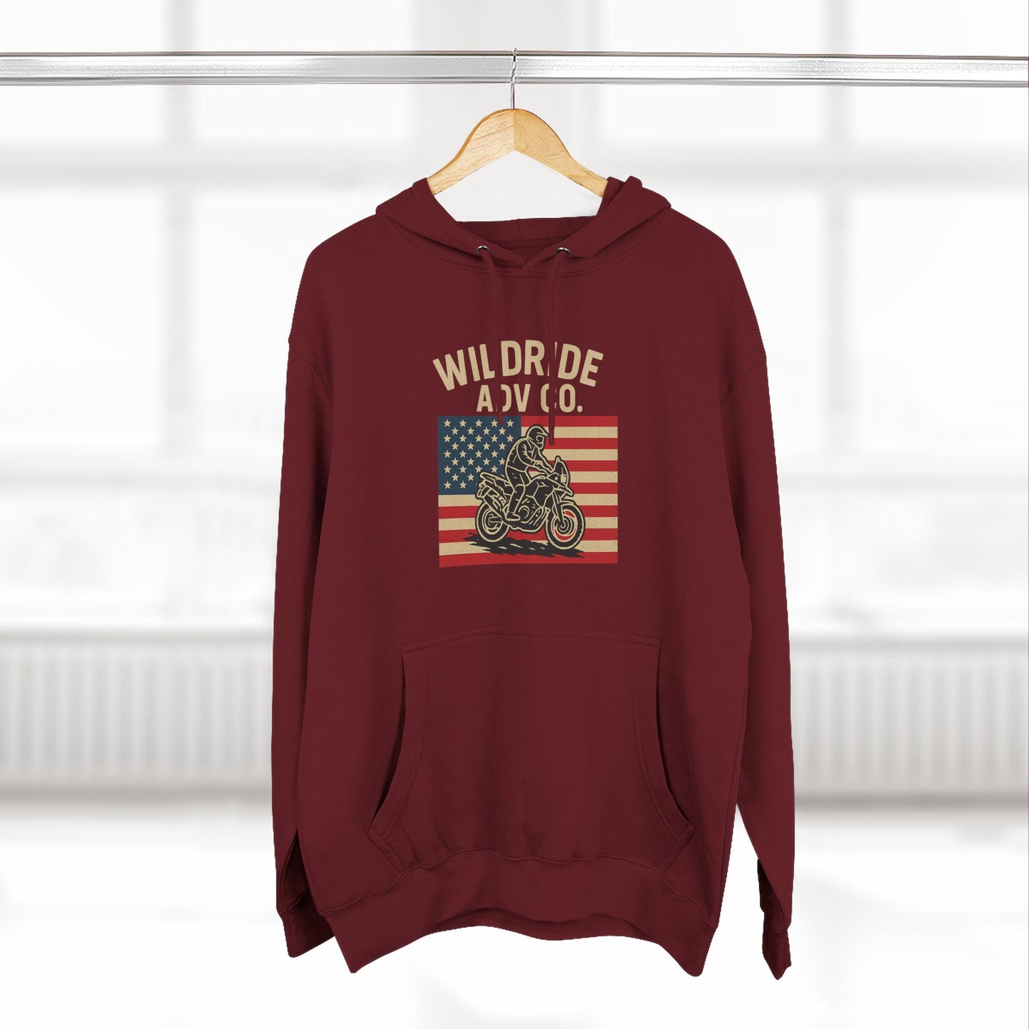 Adventure-Ready Fleece Hoodie | Wild Ride Motorcycle Flag Graphic, Cozy Sweatshirt, Perfect for Bikers, Gift for Riders, Casual Wear