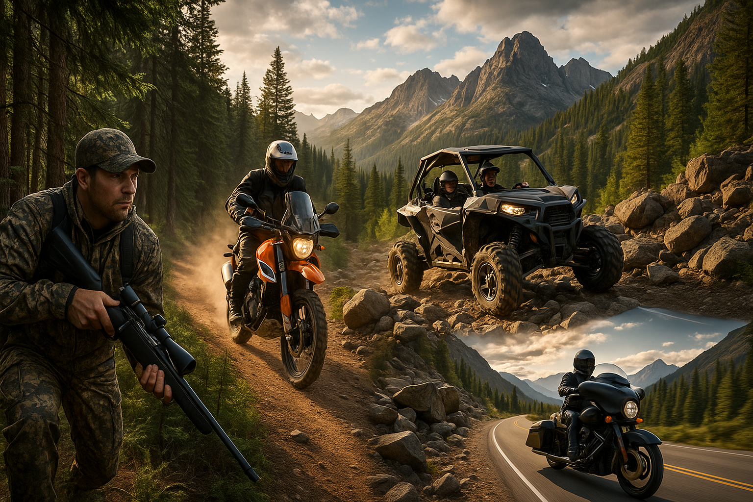 Outdoor Adventures, Hunting, Adventure Motorcycle, Trail Riding UTV, Bagger Motorcycle, all Hyper Realistic