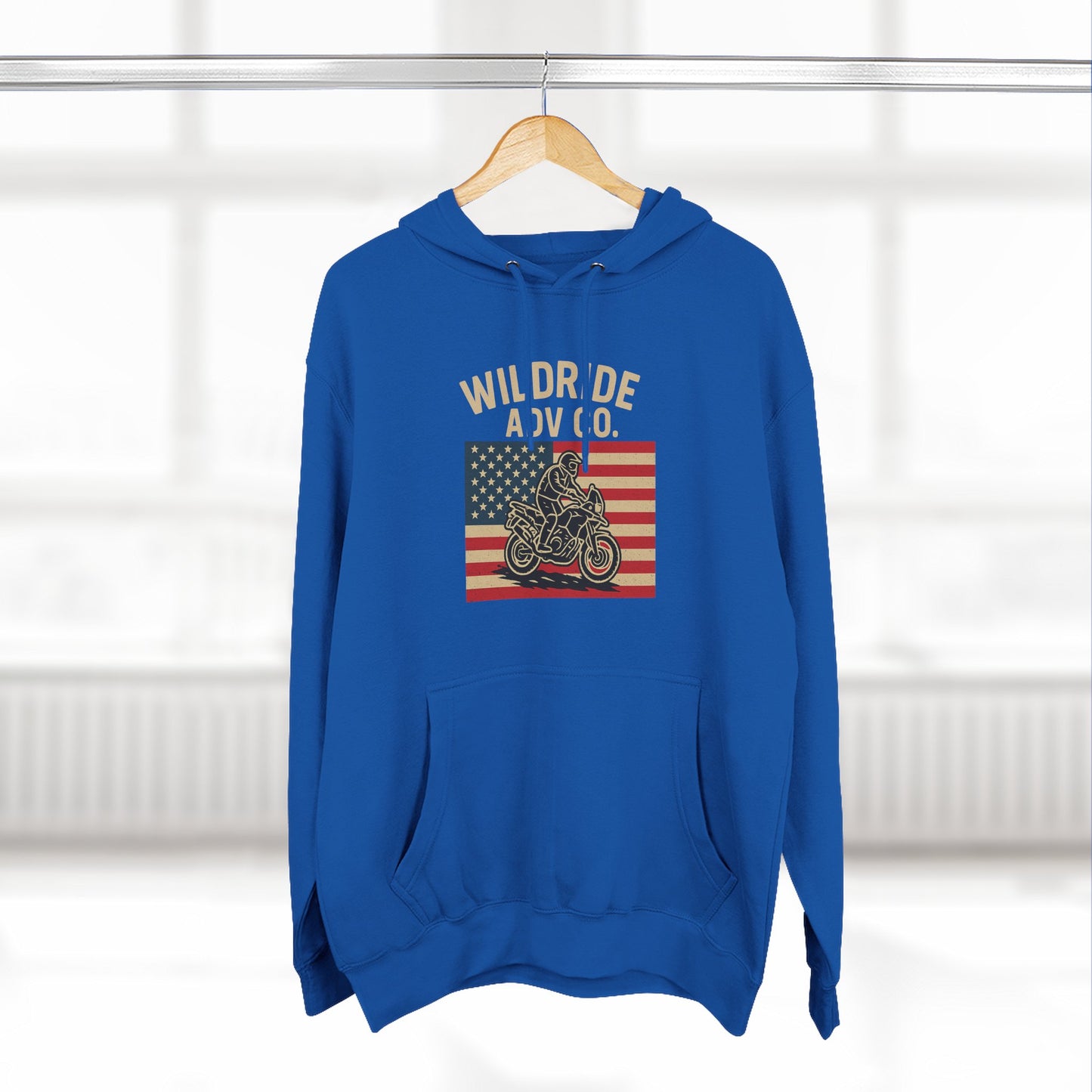 Adventure-Ready Fleece Hoodie | Wild Ride Motorcycle Flag Graphic, Cozy Sweatshirt, Perfect for Bikers, Gift for Riders, Casual Wear