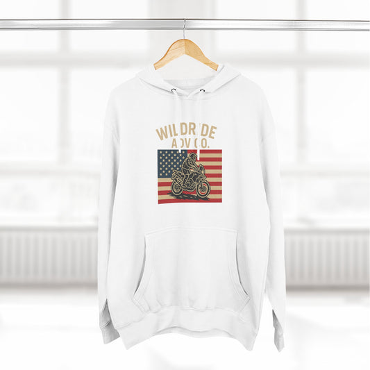 Adventure-Ready Fleece Hoodie | Wild Ride Motorcycle Flag Graphic, Cozy Sweatshirt, Perfect for Bikers, Gift for Riders, Casual Wear