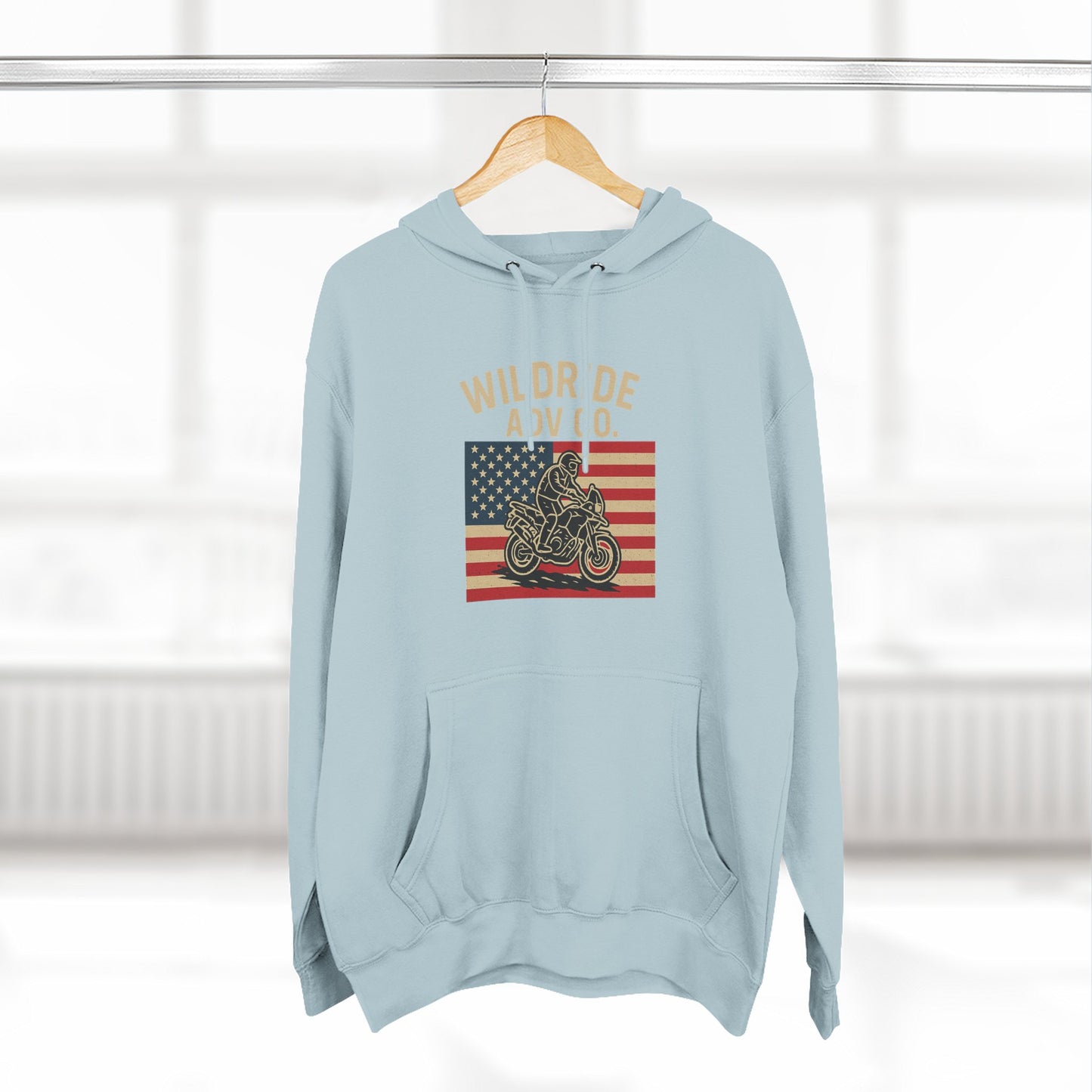 Adventure-Ready Fleece Hoodie | Wild Ride Motorcycle Flag Graphic, Cozy Sweatshirt, Perfect for Bikers, Gift for Riders, Casual Wear